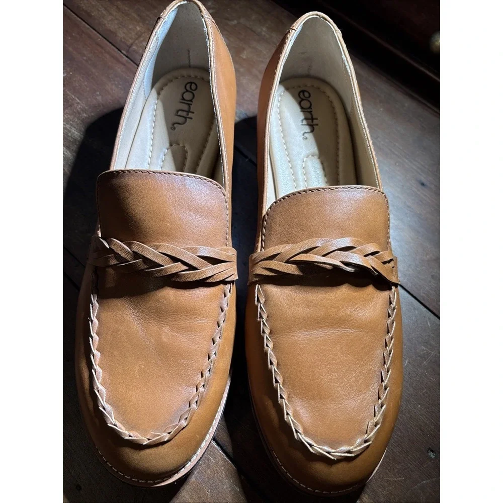 Earth Women 10W Beige Leather Edie Loafers Slip on Shoes Braided Academia Preppy